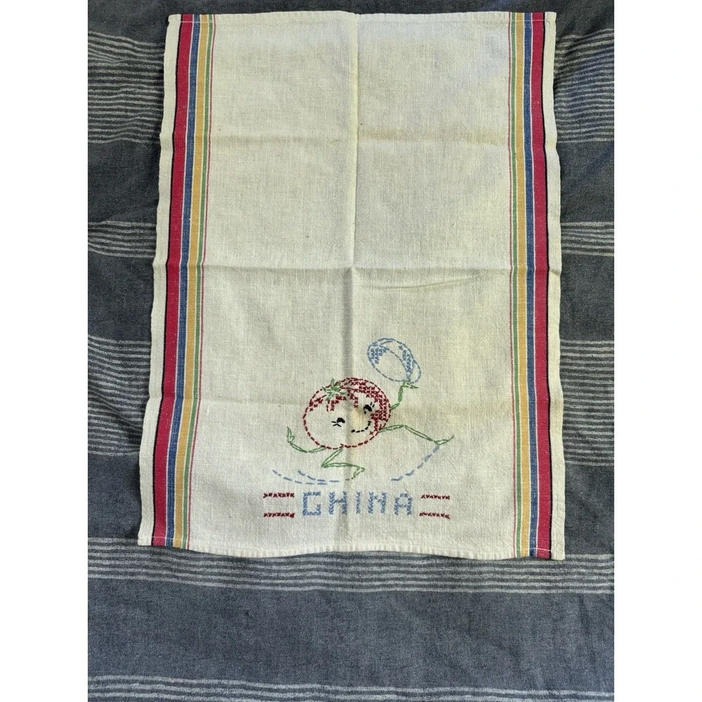 Vintage Hand Stitched Embroidered Hand Towel Striped Needle point‎